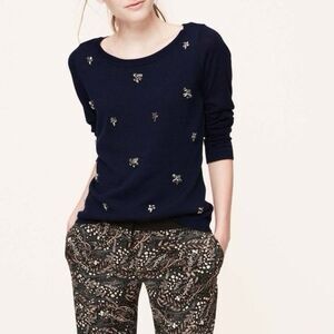 Loft Wool Sweater S Holidays Blend Silver Jewel Embellished Knit Navy Blue